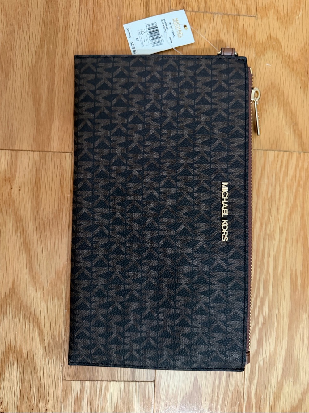 Michael Kors Dark Brown MK Signature Zip Clutch with Gold Hardware